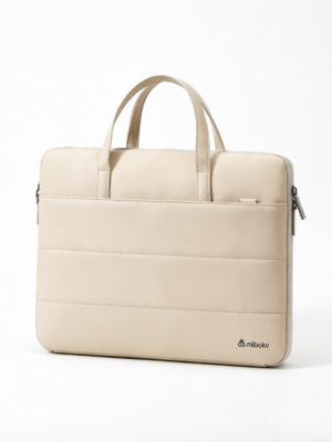 Minimalist Quilted Laptop Tote Bag - Beige Business Briefcase with Handle