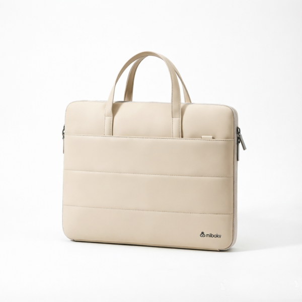 Minimalist Quilted Laptop Tote Bag - Beige Business Briefcase with Handle