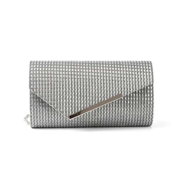 06 Silver‑grey shimmer grid glitter envelope clutch bag with diagonal metal bar closure and detachable metal chain strap Custom Envelope Clutch Bag Metal Bar Closure Evening Purse