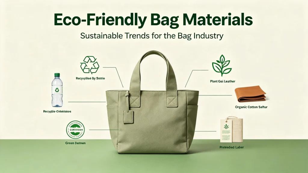 Eco-friendly bag materials infographic with sustainable canvas tote bag, recycled plastic bottles rPET, plant-based leather, organic cotton and green certification labels