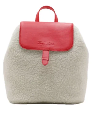 Off‑White Sherpa Fleece & Red PU Flap Backpack