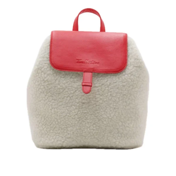 10 Off‑white sherpa fleece backpack with bright red PU flap, embossed logo, toggle buckle and red PU top handle Off‑White Sherpa Fleece & Red PU Flap Backpack