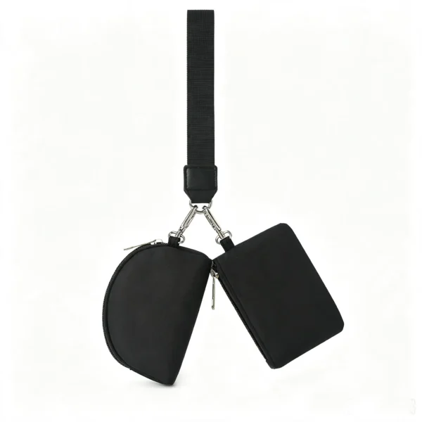 DuoPouch black dual zip nylon wristlet pouch set with two detachable pouches PocketPair OEM Dual Compartment Wristlet with Two Pouches