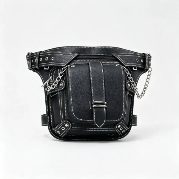 PunkRivet black punk leather waist bag with chains, rivets and adjustable strap crossbody view RebelStrap Punk Thigh Bag with Chain Detail, Streetwear Crossbody Waist Pack with Custom Logo