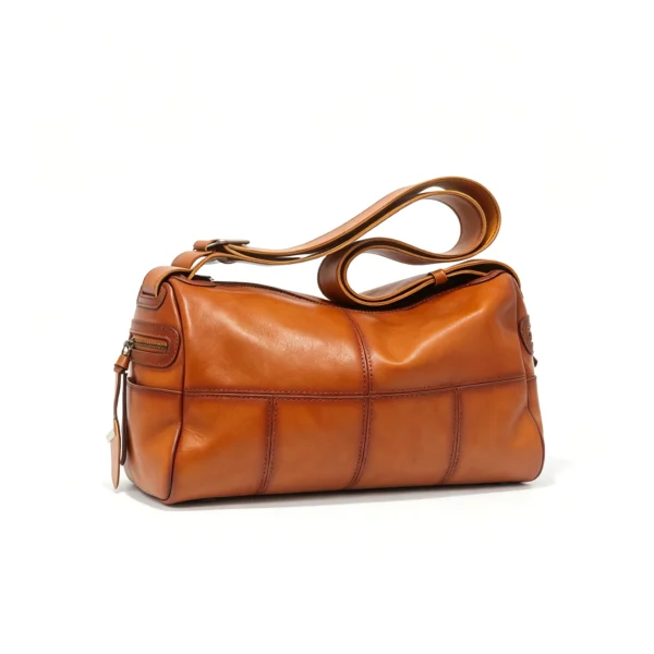Vintage Brown Panel‑Stitched Shoulder Crossbody Bag, Soft Textured Everyday Travel Duffle‑Style Handbag