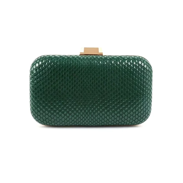 05 Rounded‑corner hard‑box evening clutch bag with glossy dark‑green snake‑skin embossed texture and rose‑gold square metal lock Snake‑Skin Embossed Hard‑Shell Clutch Bag Rose Gold Metal Lock Evening Purse