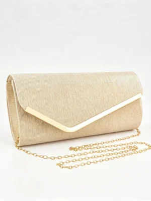LumiClutch Gold Glitter Evening Clutch with Chain Strap, Shimmer Envelope Party Bag with Metal Trim