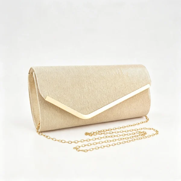 LumiClutch Gold Glitter Evening Clutch with Chain Strap, Shimmer Envelope Party Bag with Metal Trim