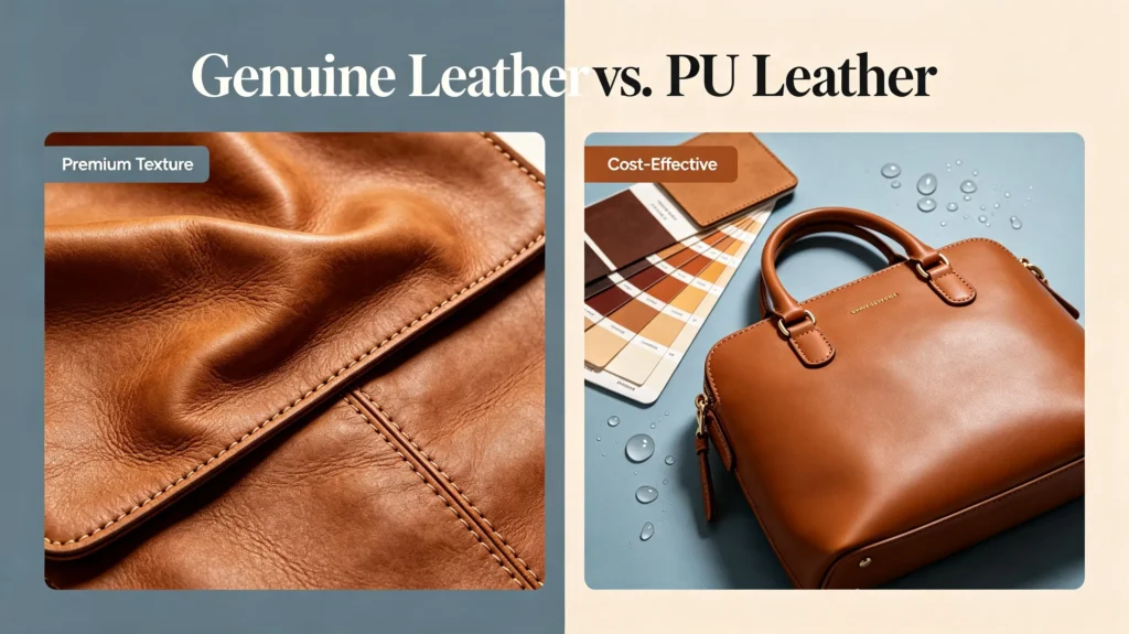 Genuine leather vs PU leather comparison: left premium natural leather texture, right cost-effective water-resistant faux leather bag