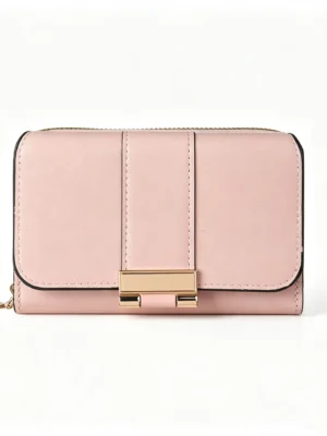 BlushLock Pink Short Wallet with Metal Clasp and Zip Top, Women's Small PU Leather Purse with Card Slots