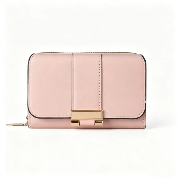 BlushLock Pink Short Wallet with Metal Clasp and Zip Top, Women's Small PU Leather Purse with Card Slots