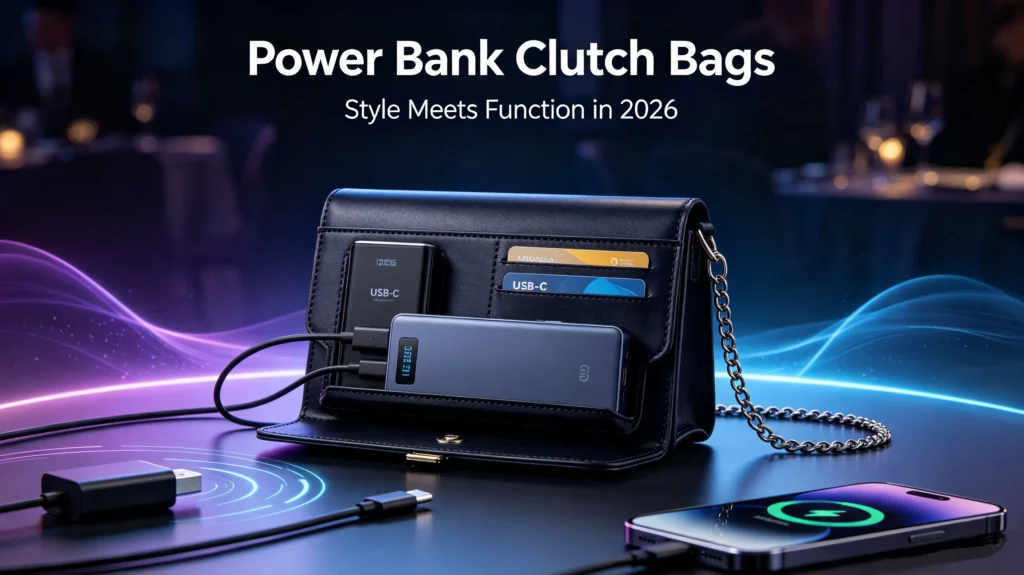 Black leather power bank clutch bag with built-in USB-C battery charger and card slots, 2026 functional evening bag trend