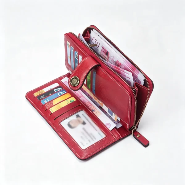 RougeHeritage Red Vintage Long Wallet with Wristlet, Oil-Wax Leather Purse with Perforation and Card Slots