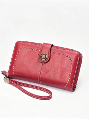 RougeHeritage Red Vintage Long Wallet with Wristlet, Oil-Wax Leather Purse with Perforation and Card Slots
