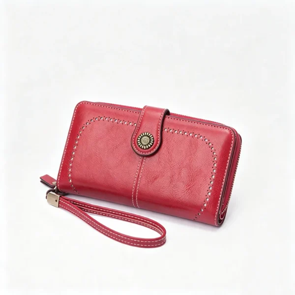 RougeHeritage Red Vintage Long Wallet with Wristlet, Oil-Wax Leather Purse with Perforation and Card Slots
