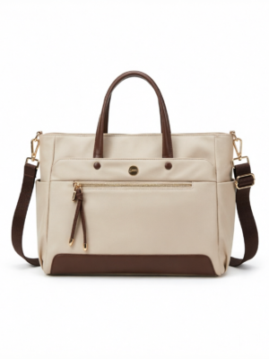 Professional Laptop Tote Bag for Women - Beige & Brown Business Handbag with Detachable Strap
