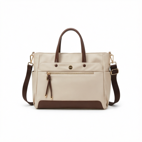 Close-up of external zip pocket and detachable shoulder strap on lumos business handbag. Professional Laptop Tote Bag for Women - Beige & Brown Business Handbag with Detachable Strap