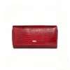 CrocLuxe glossy red crocodile-embossed long wallet with silver metal plaque CrocLuxe Red Crocodile Long Wallet with Dual Frame Clasp, Glossy Embossed Leather Clutch with Accordion Compartments