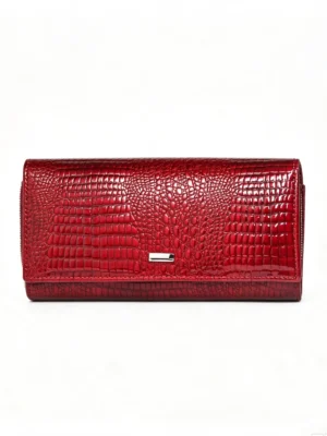 CrocLuxe Red Crocodile Long Wallet with Dual Frame Clasp, Glossy Embossed Leather Clutch with Accordion Compartments