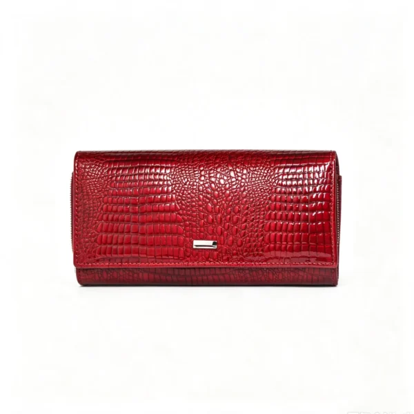 CrocLuxe glossy red crocodile-embossed long wallet with silver metal plaque CrocLuxe Red Crocodile Long Wallet with Dual Frame Clasp, Glossy Embossed Leather Clutch with Accordion Compartments