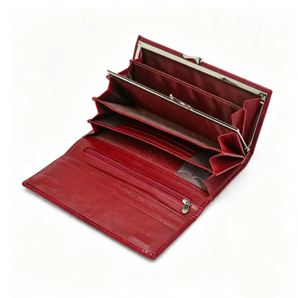 5-2 CrocLuxe Red Crocodile Long Wallet with Dual Frame Clasp, Glossy Embossed Leather Clutch with Accordion Compartments
