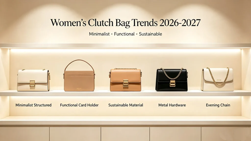 Women's clutch bag trends 2026-2027 collection with minimalist, functional card slot, sustainable material, metal hardware and evening chain styles on display shelf