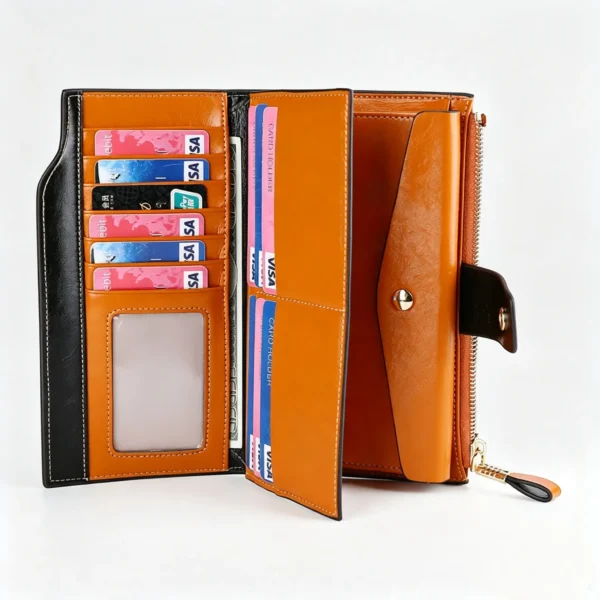 CognacMax Cognac Oil-Wax Long Wallet with Removable Card Holder, Brown Leather Clutch with Multi-Card Slots