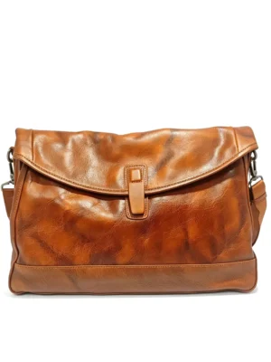 ArtisanPost Cognac Distressed Leather Messenger Bag with Magnetic Flap, Vintage Brown Crossbody with Back Zip