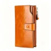 CognacMax Cognac Oil-Wax Long Wallet with Removable Card Holder, Brown Leather Clutch with Multi-Card Slots
