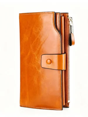 CognacMax Cognac Oil-Wax Long Wallet with Removable Card Holder, Brown Leather Clutch with Multi-Card Slots