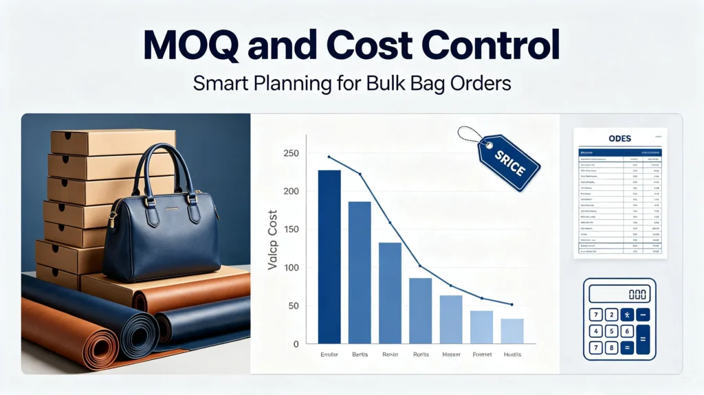 MOQ and cost control infographic for bulk custom bag orders, showing unit price reduction with larger order quantities, leather materials and finished handbag