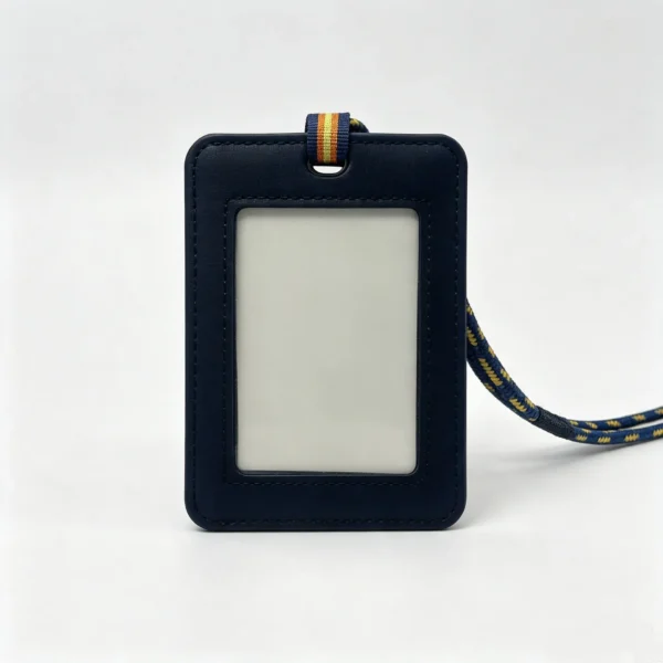 BadgeMate navy PU leather ID badge holder with clear window and woven lanyard BadgeMate OEM PU Leather ID Badge Holder with Woven Lanyard