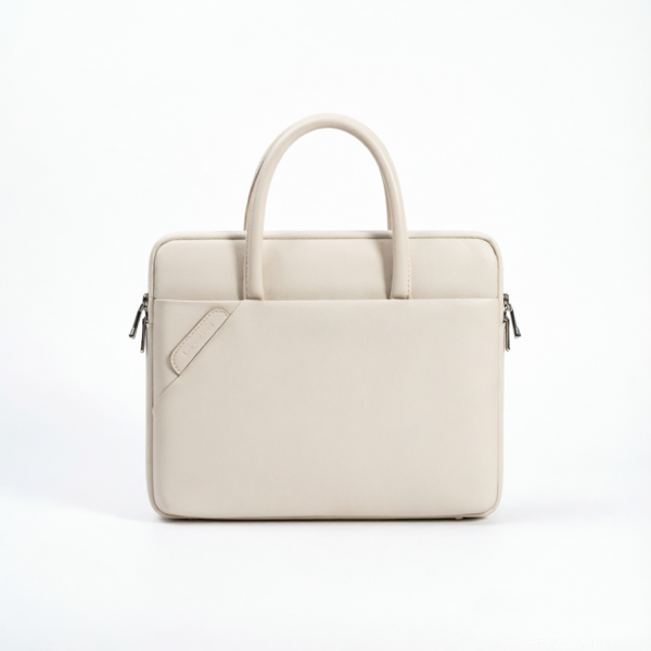 PureCarry ivory white minimalist PU leather laptop briefcase with top handles front view PureCarry Minimalist PU Leather Laptop Briefcase, Slim Computer Handbag with Top Handles, Ivory White
