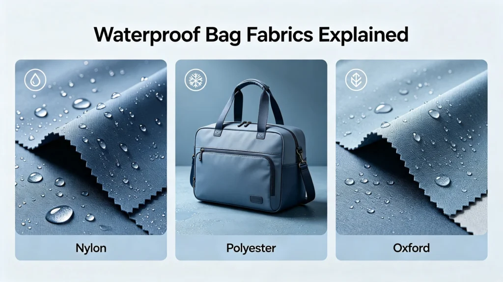 Waterproof bag fabrics explained comparison: Nylon, Polyester, Oxford textile samples with water droplets and finished travel bag