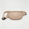 LuxeQuilt beige quilted PU leather waist bag with gold logo badge front view LuxeQuilt Nude Quilted PU Leather Fanny Pack, Beige Waist Bag with Gold Logo and Adjustable Strap