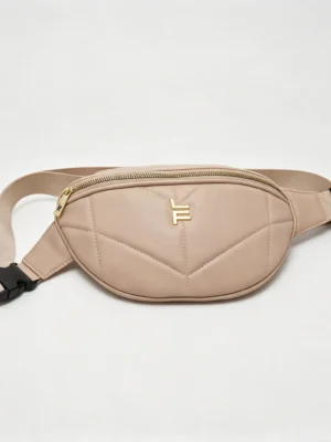 LuxeQuilt Nude Quilted PU Leather Fanny Pack, Beige Waist Bag with Gold Logo and Adjustable Strap