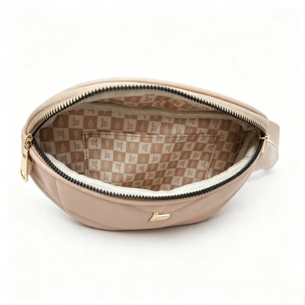 8-3 LuxeQuilt Nude Quilted PU Leather Fanny Pack, Beige Waist Bag with Gold Logo and Adjustable Strap