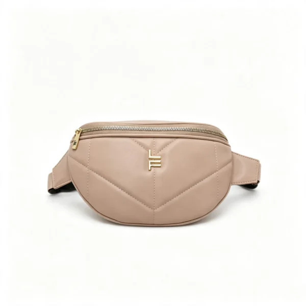 8 LuxeQuilt Nude Quilted PU Leather Fanny Pack, Beige Waist Bag with Gold Logo and Adjustable Strap