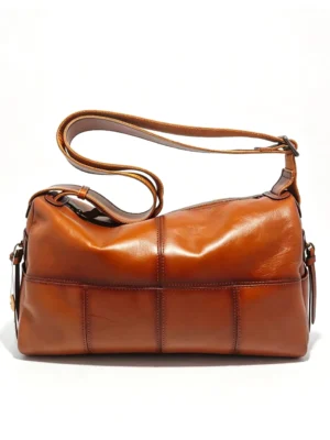 Vintage Brown Panel‑Stitched Shoulder Crossbody Bag, Soft Textured Everyday Travel Duffle‑Style Handbag