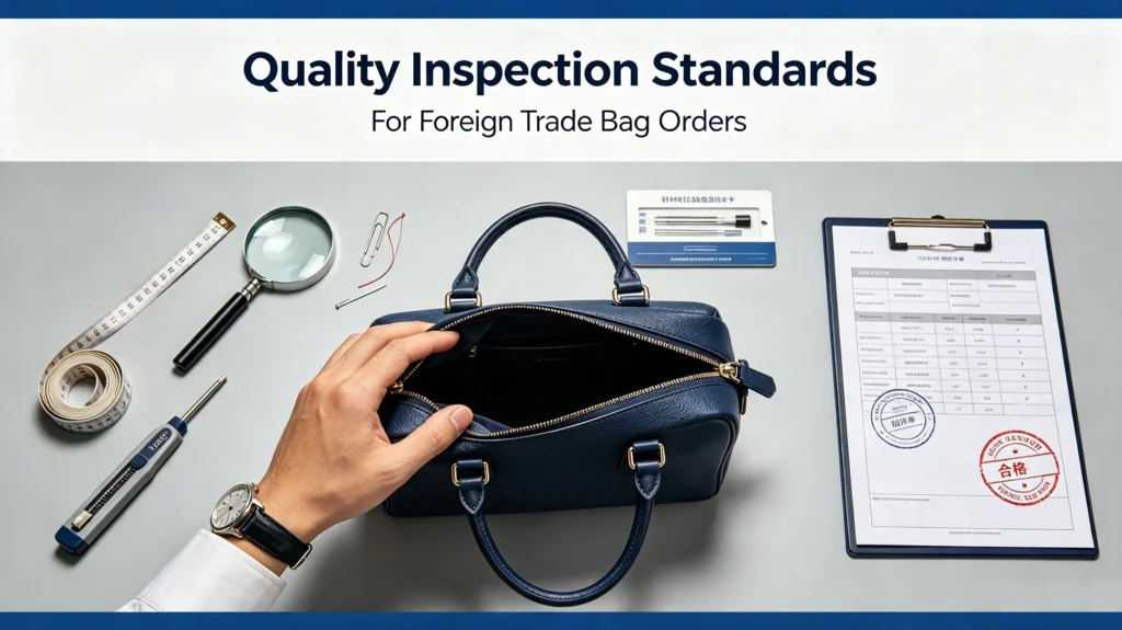 Quality inspection for foreign trade bag orders: QC officer checking navy leather handbag with measuring tools, magnifier and inspection checklist with approval stamp