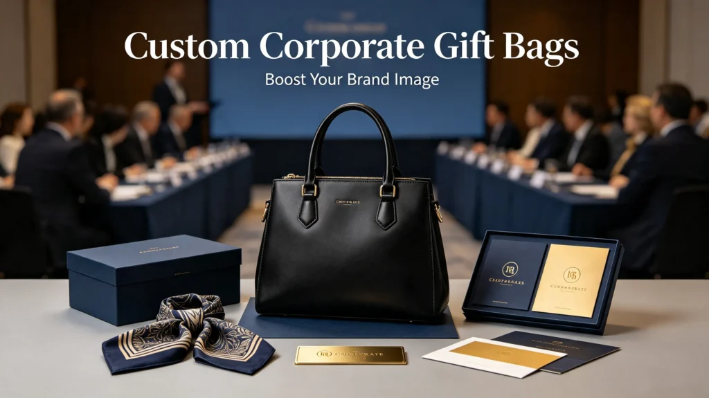 Custom corporate gift bag set with premium black leather handbag, luxury gift box, silk scarf and branded accessories, for business gifting and brand promotion
