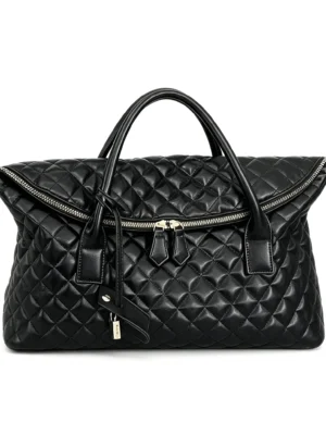 QuiltLuxe Black Diamond Quilted Weekender Bag, PU Leather Travel Boston Bag with Padlock Charm