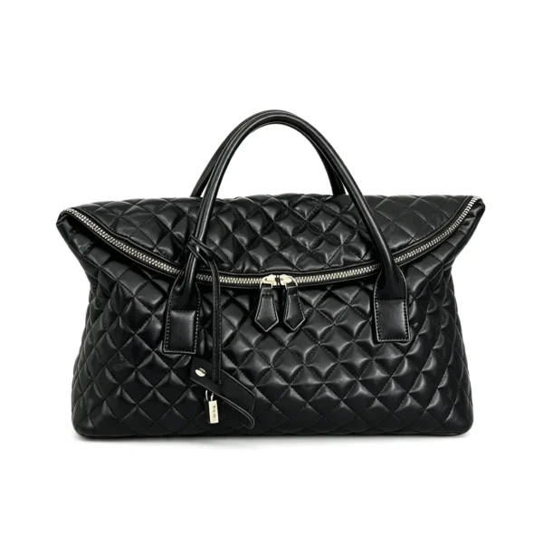 QuiltLuxe Black Diamond Quilted Weekender Bag, PU Leather Travel Boston Bag with Padlock Charm
