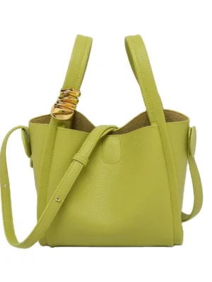 Women Pebbled Leather Decorative Metal Knot Bucket Tote Bag