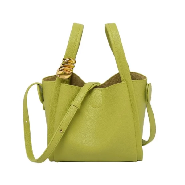 Women Pebbled Leather Decorative Metal Knot Bucket Tote Bag