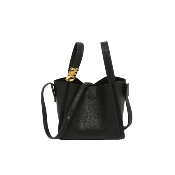 Women Pebbled Leather Decorative Metal Knot Bucket Tote Bag