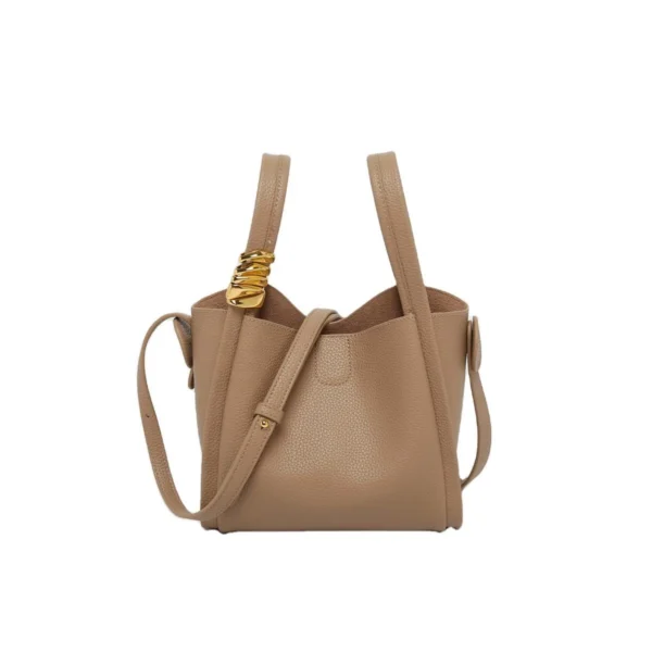 Women Pebbled Leather Decorative Metal Knot Bucket Tote Bag
