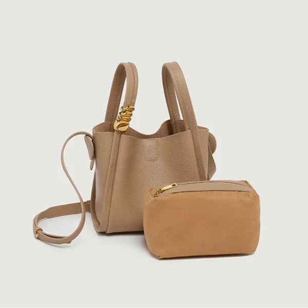 Women Pebbled Leather Decorative Metal Knot Bucket Tote Bag