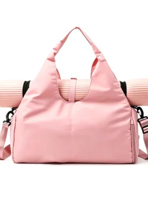 YogaTote Pink Nylon Gym Bag with Yoga Mat Strap and Shoe Compartment, Women's Sports Duffel with Detachable Strap
