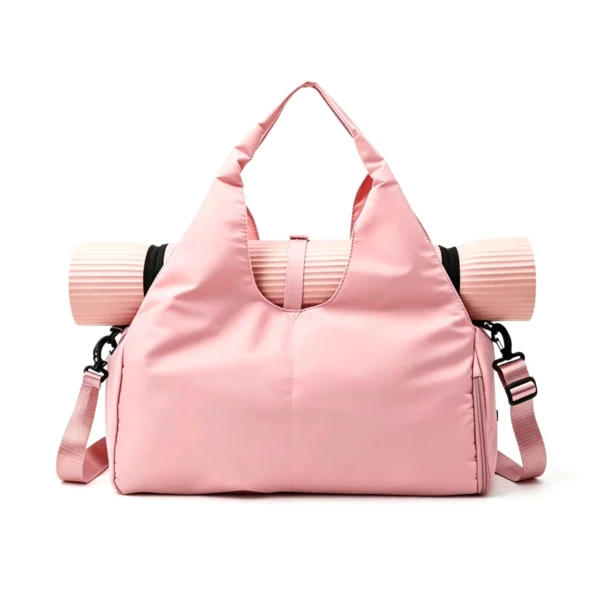 YogaTote Pink Nylon Gym Bag with Yoga Mat Strap and Shoe Compartment, Women's Sports Duffel with Detachable Strap